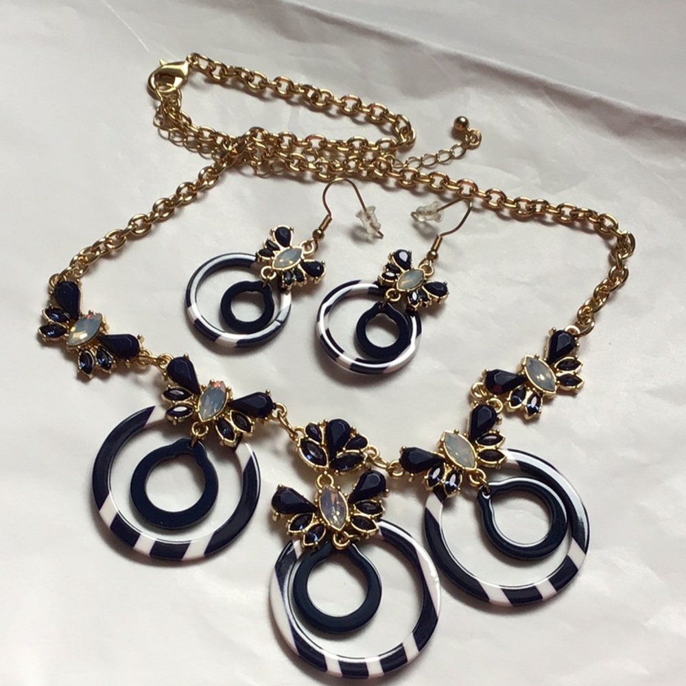Gold-Tone Navy & White Statement Necklace and Earring Set